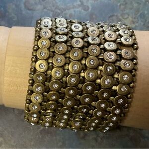 Wide Brass Stretch Bracelet with Clear Rhinestones